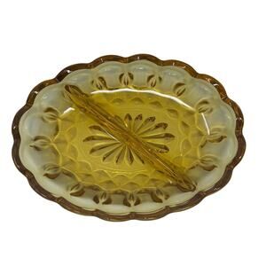 Oval Divided Dish Indiana Glass Company Amber Thumbprint Relish and Candy Dish